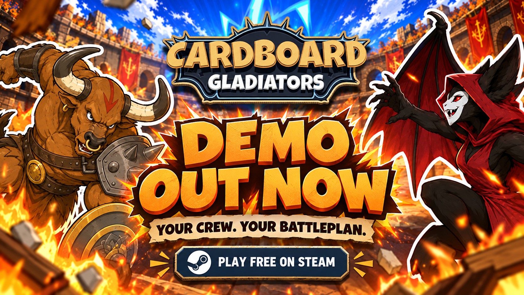 Cardboard Gladiators — Demo out now. Your crew. Your battleplan. Play free on Steam.